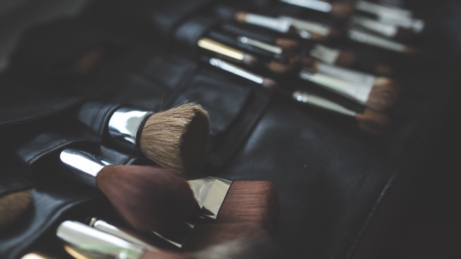 A set of makeup brushes laid out in an open leather brush roll.