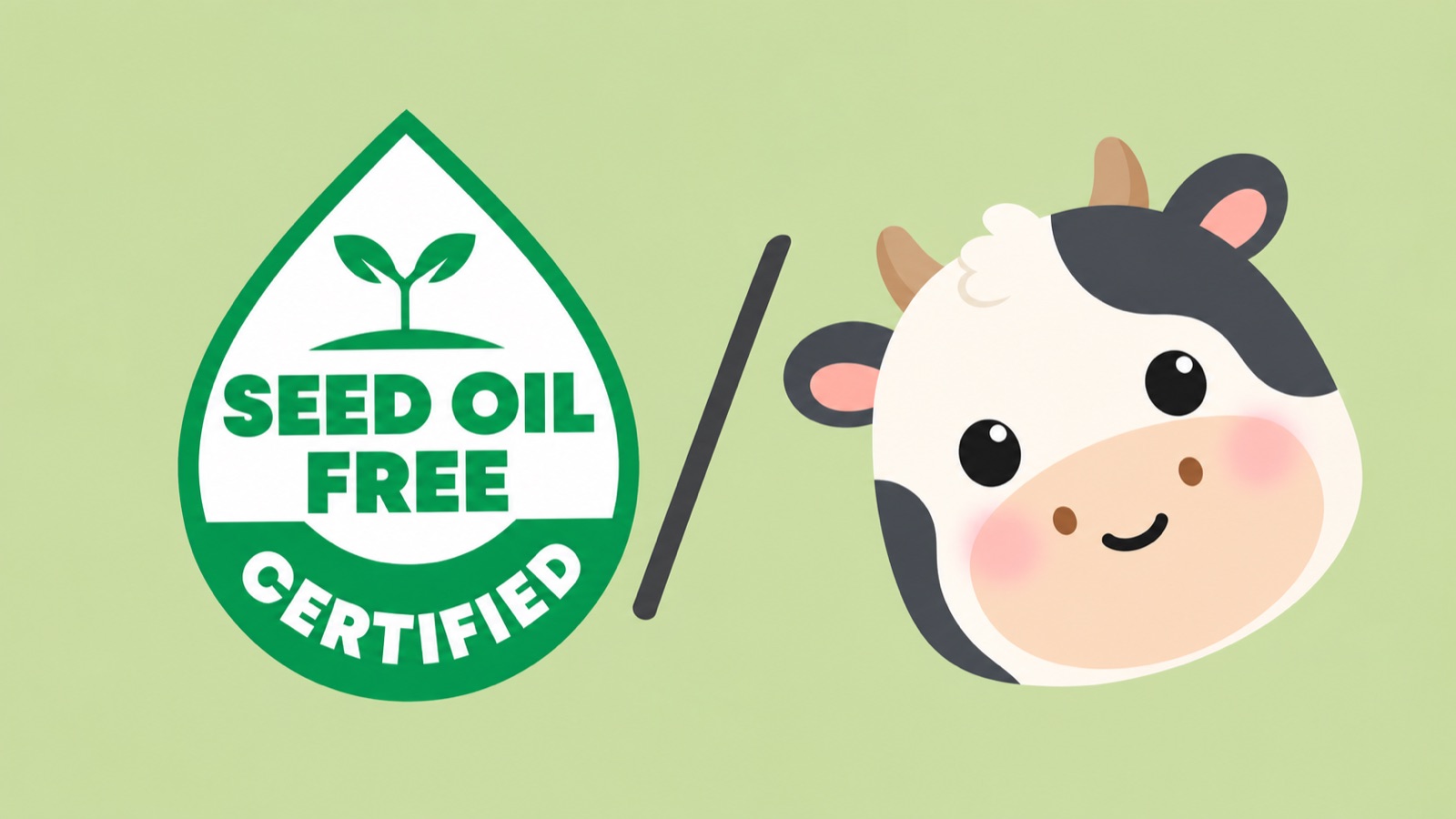 The green Seed Oil Free Certified seal next to the Tallow cow mascot.