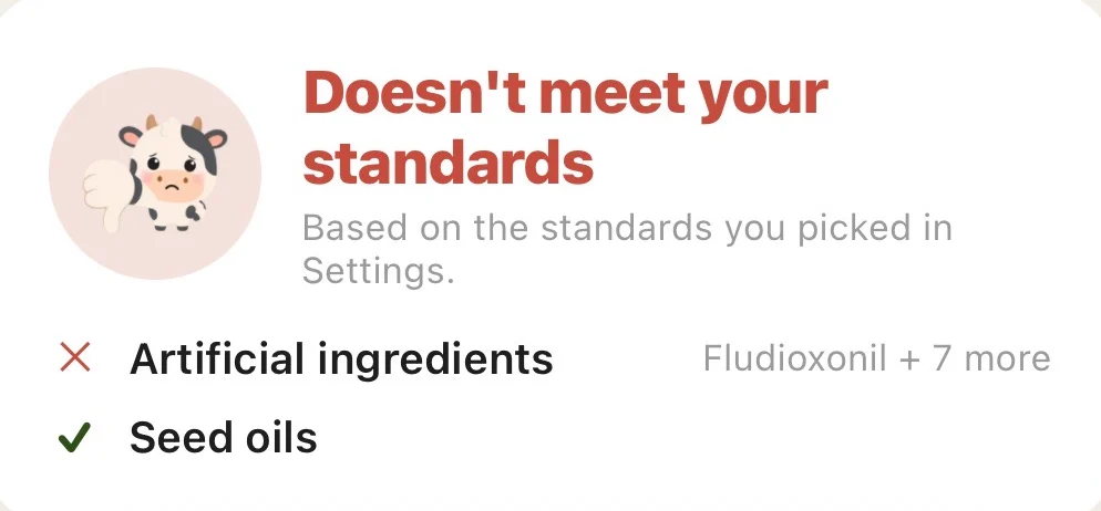 Tallow verdict card: doesn't meet your standards, artificial ingredients flagged with fludioxonil plus 7 more