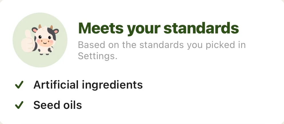 Tallow verdict card: meets your standards, artificial ingredients and seed oils both clear