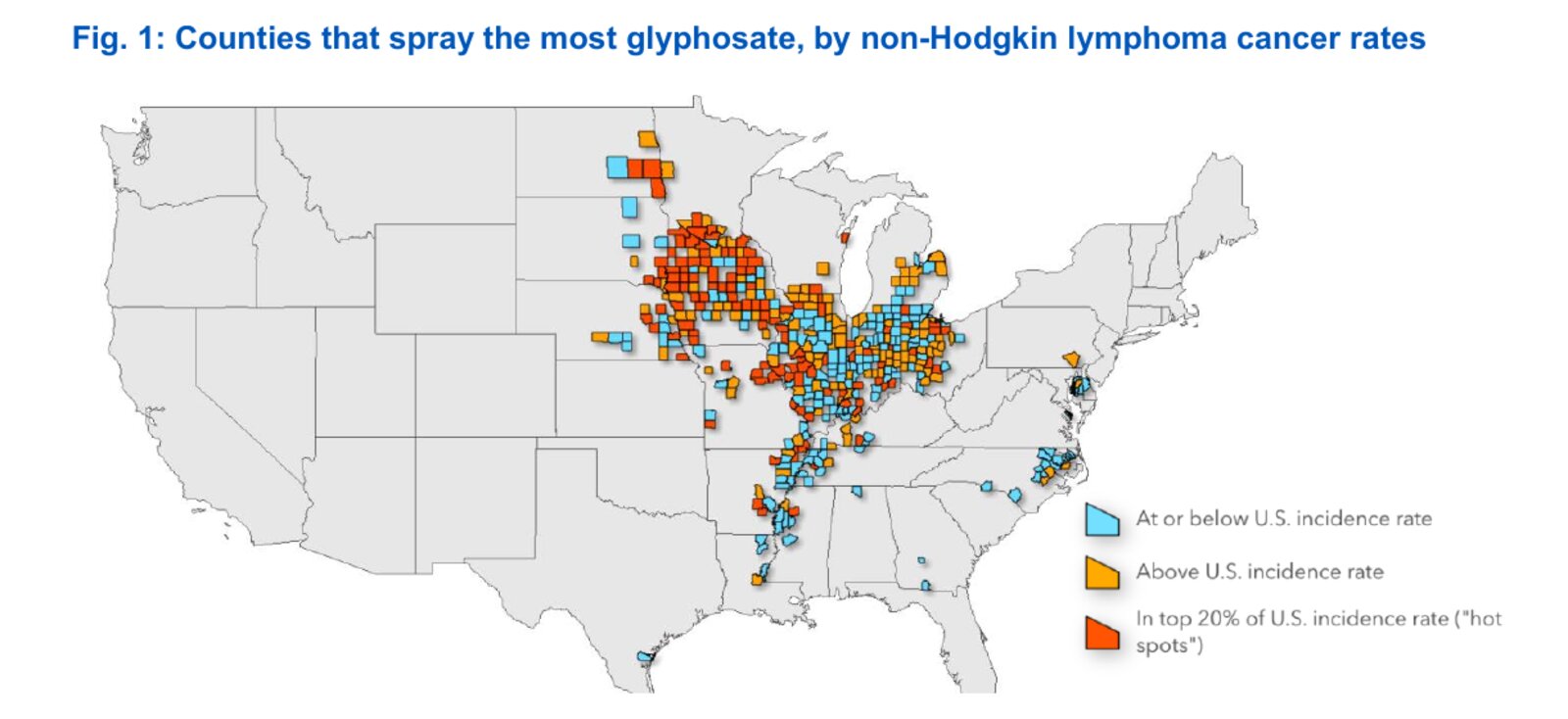 Map of the United States showing counties in the top 20% for glyphosate use per square mile of cropland, color-coded by non-Hodgkin lymphoma incidence rate: light blue for at or below the national average, orange for above average, and red for hot spots in the top 20% nationally. The colored counties cluster heavily across Iowa, Minnesota, Illinois, Indiana and the Mississippi Delta.