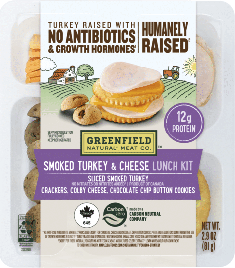 Greenfield Natural Meat Co. Smoked Turkey & Cheese Lunch Kit packaging, showing "No Antibiotics & Growth Hormones" and "Humanely Raised" claims