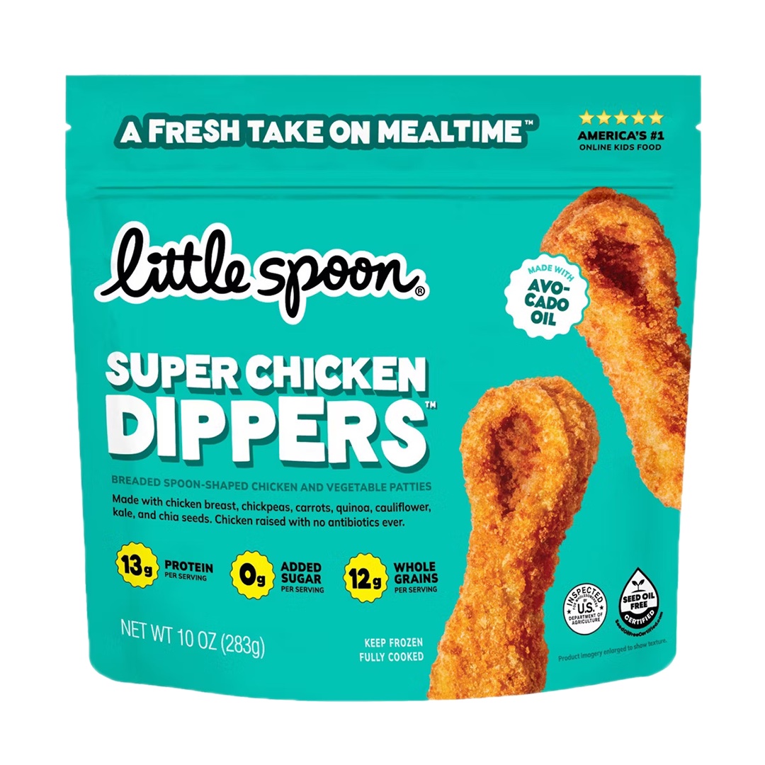 Little Spoon Super Chicken Dippers packaging, with the Seed Oil Free Certified seal visible in the bottom right corner next to the USDA inspection mark.