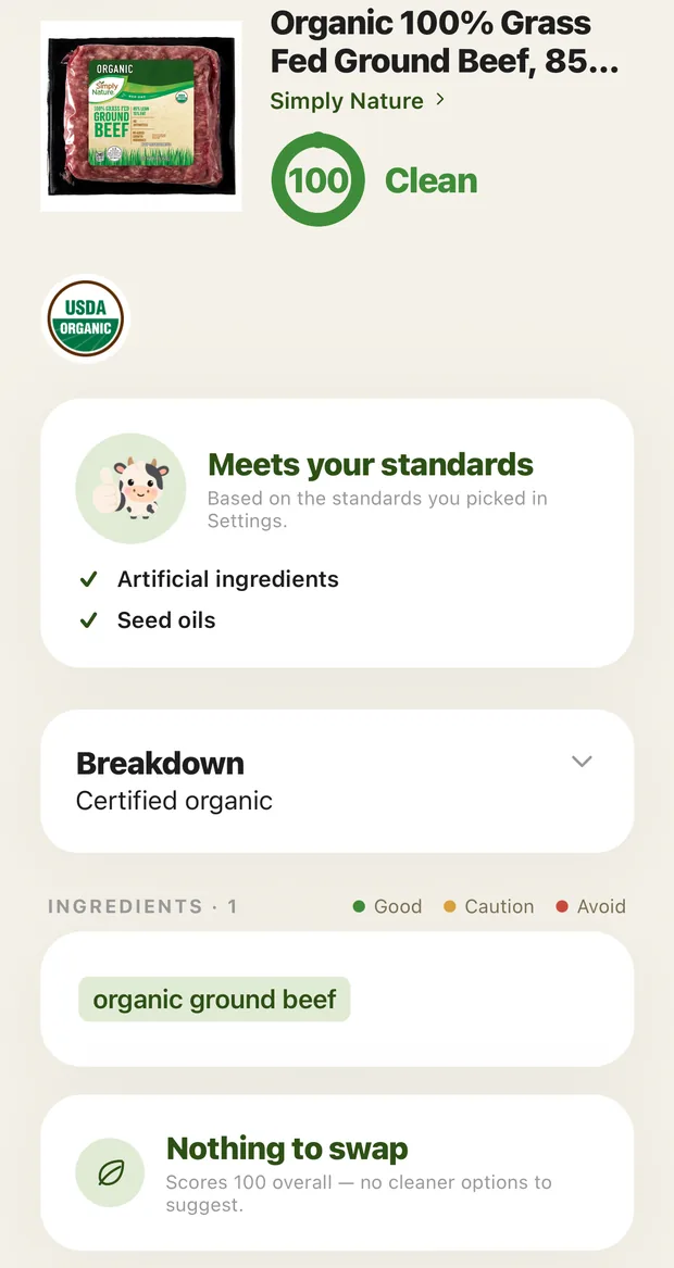 The Tallow product page: a 0–100 score, whether the product meets your standards, and the ingredient breakdown behind it